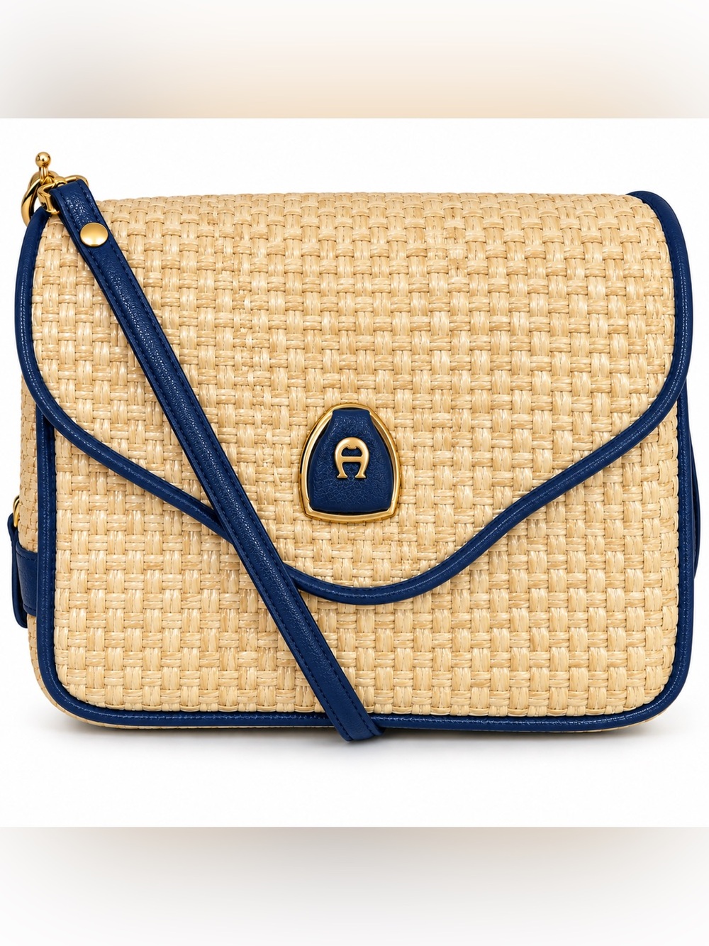 Etienne Aigner VINTAGE Woven Straw Raffia Crossbody Navy Gold Logo